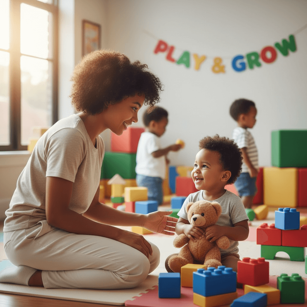 Caregiver kneeling beside a child offering a comforting smile during playtime in a daycare