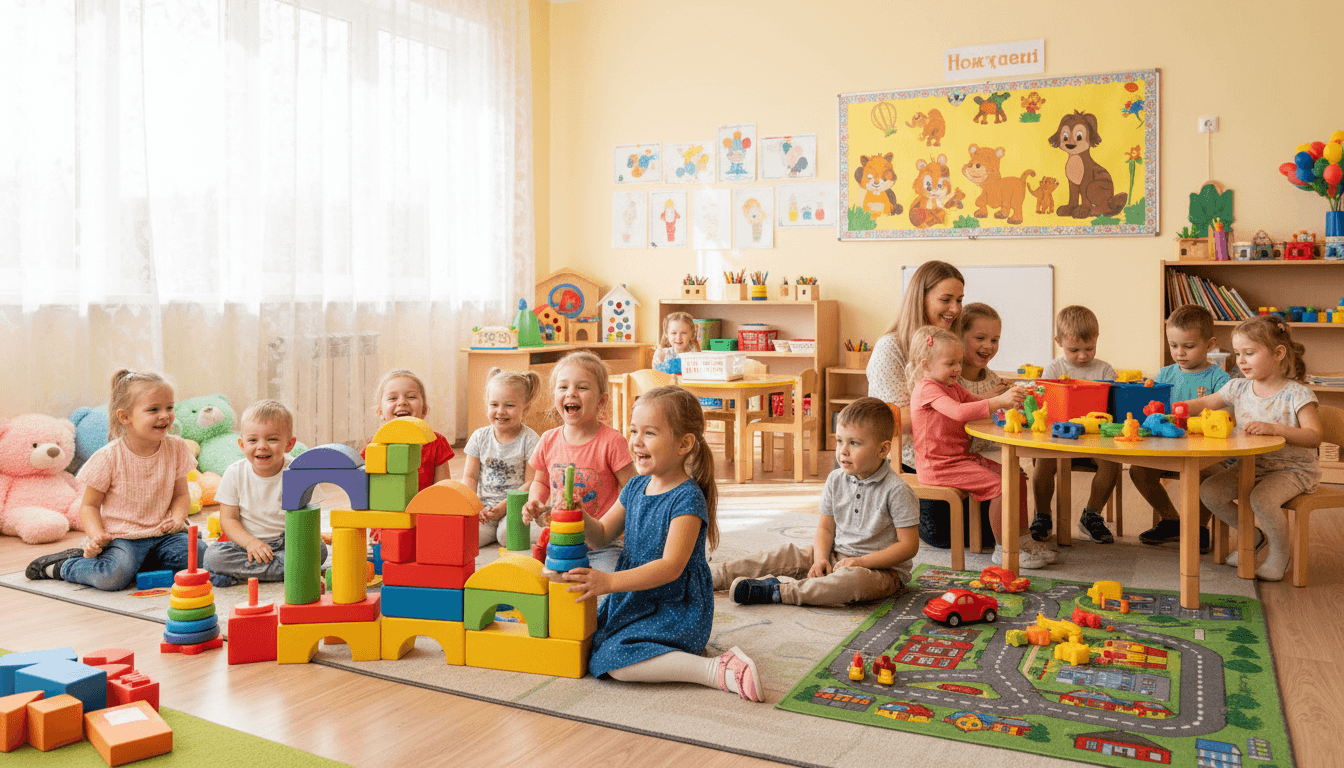 Young children smiling and playing with building blocks in a bright daycare room