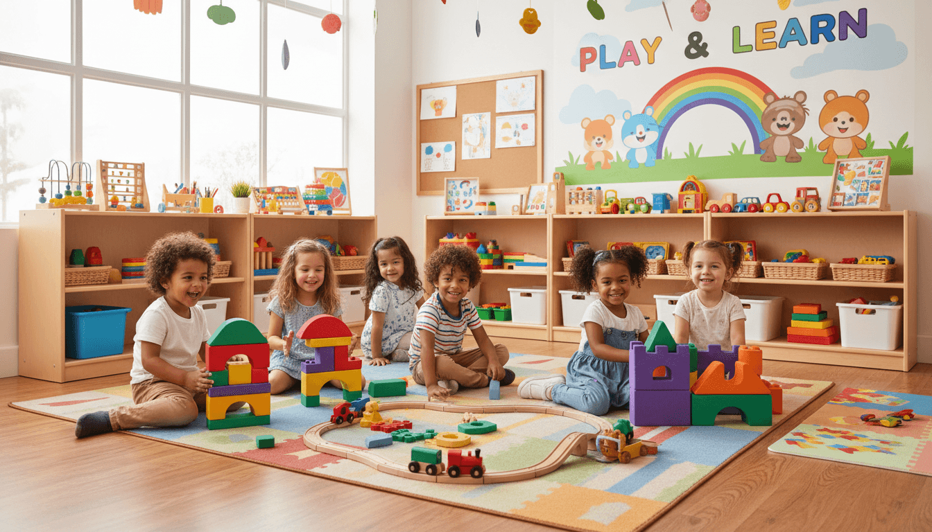 Children playing with colorful toys in a bright daycare room