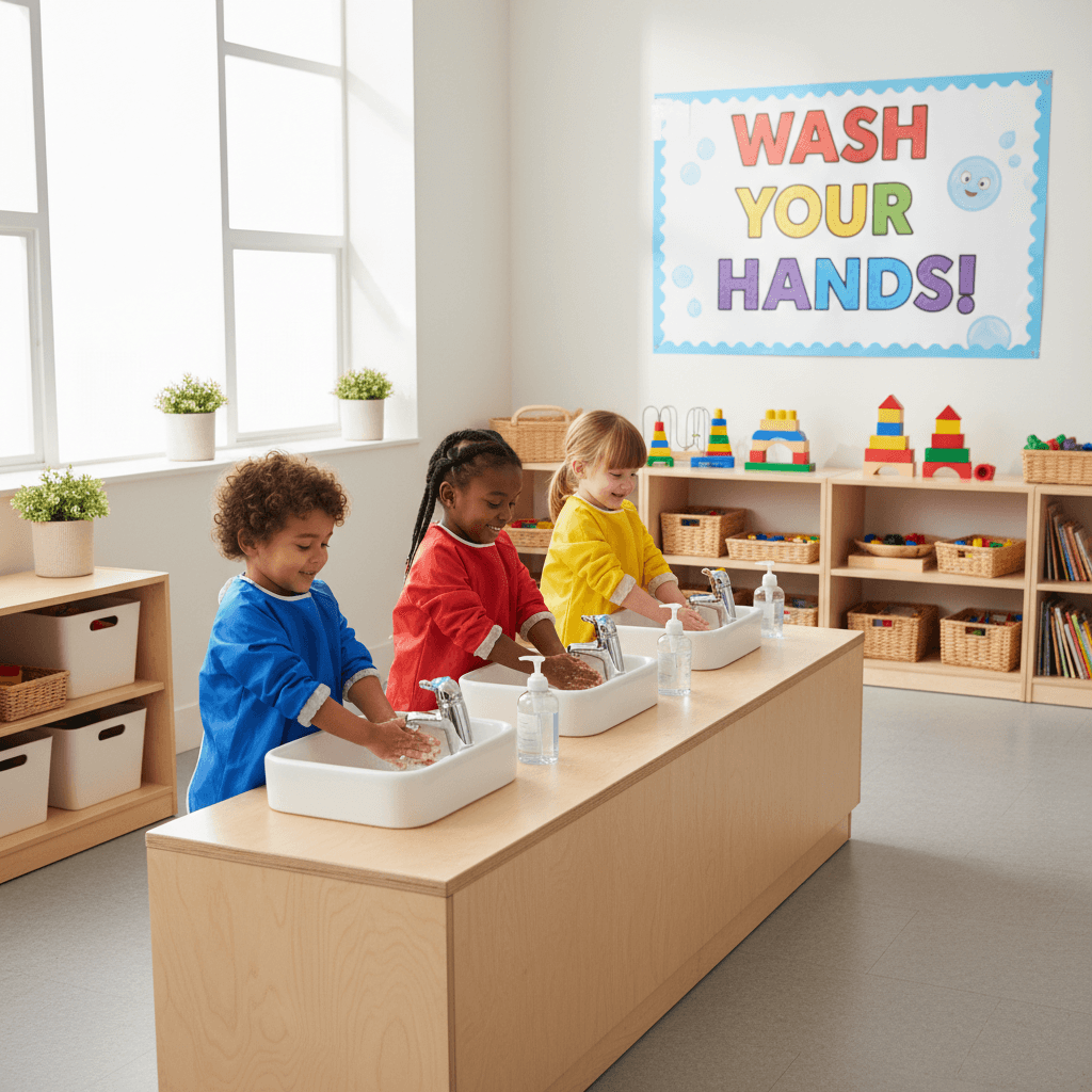 Children washing hands at a low sink in a bright clean daycare classroom