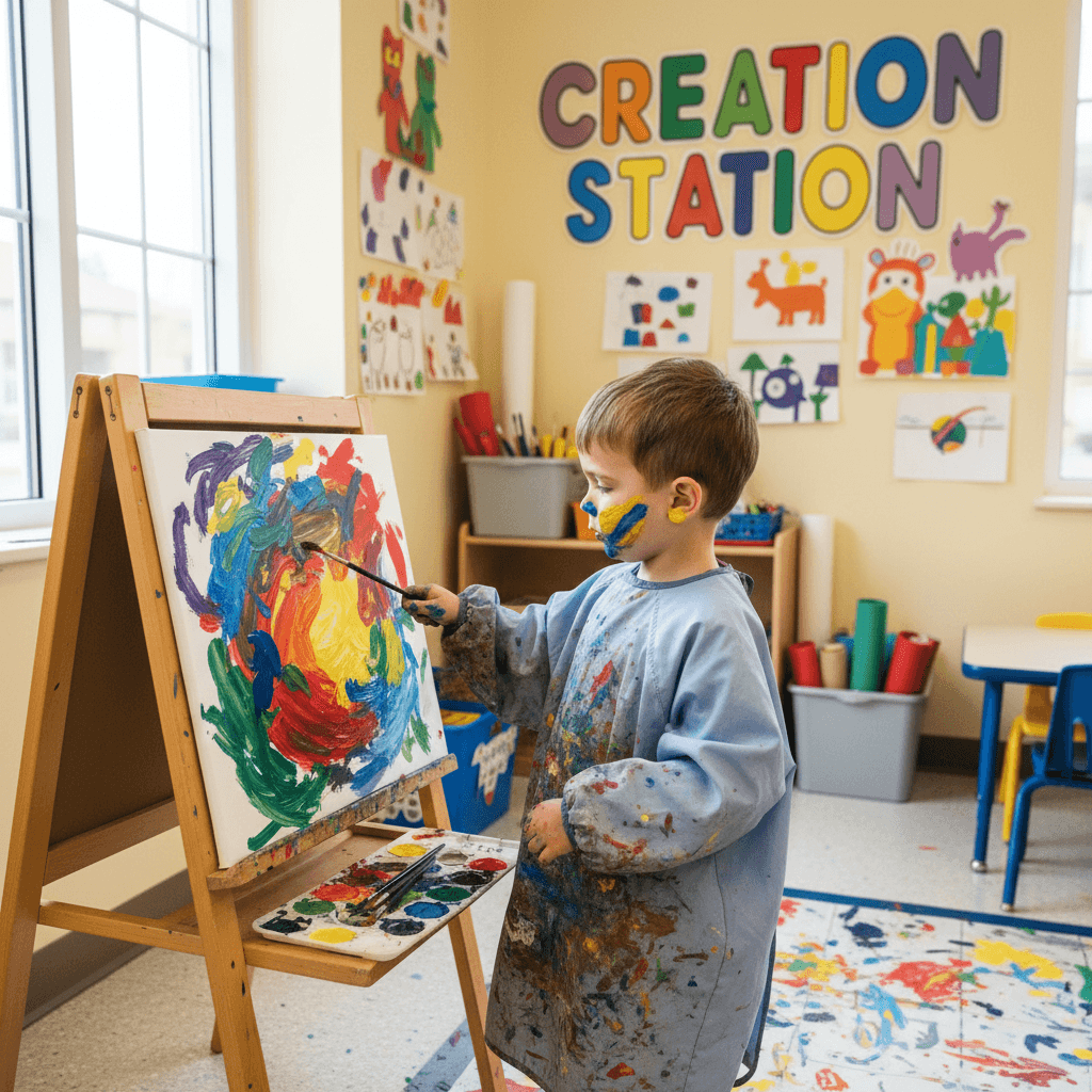 Child painting at an easel with bright colors in a cheerful daycare art corner
