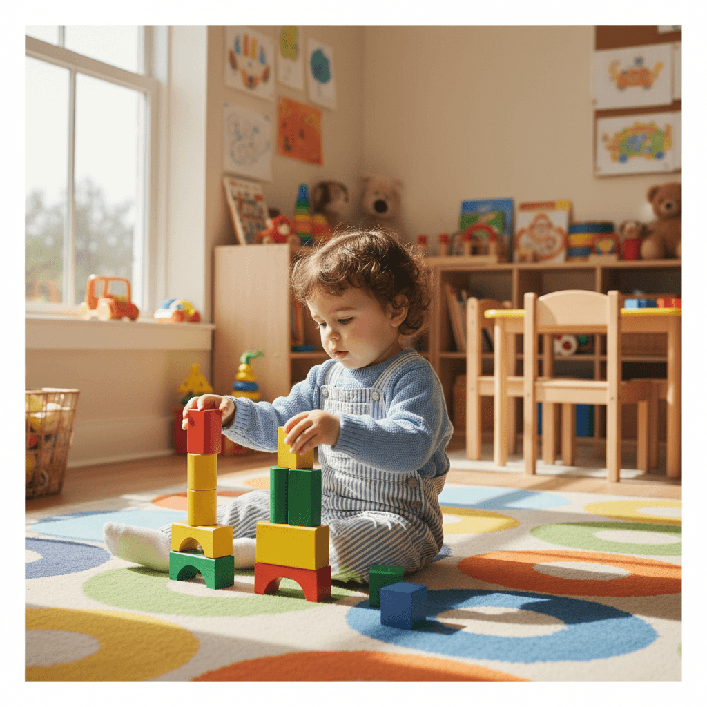 Toddler stacking colorful wooden blocks on a bright rug in a cozy daycare