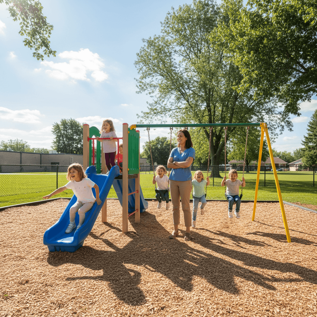 Children playing on a small playground with a teacher supervising on a sunny day