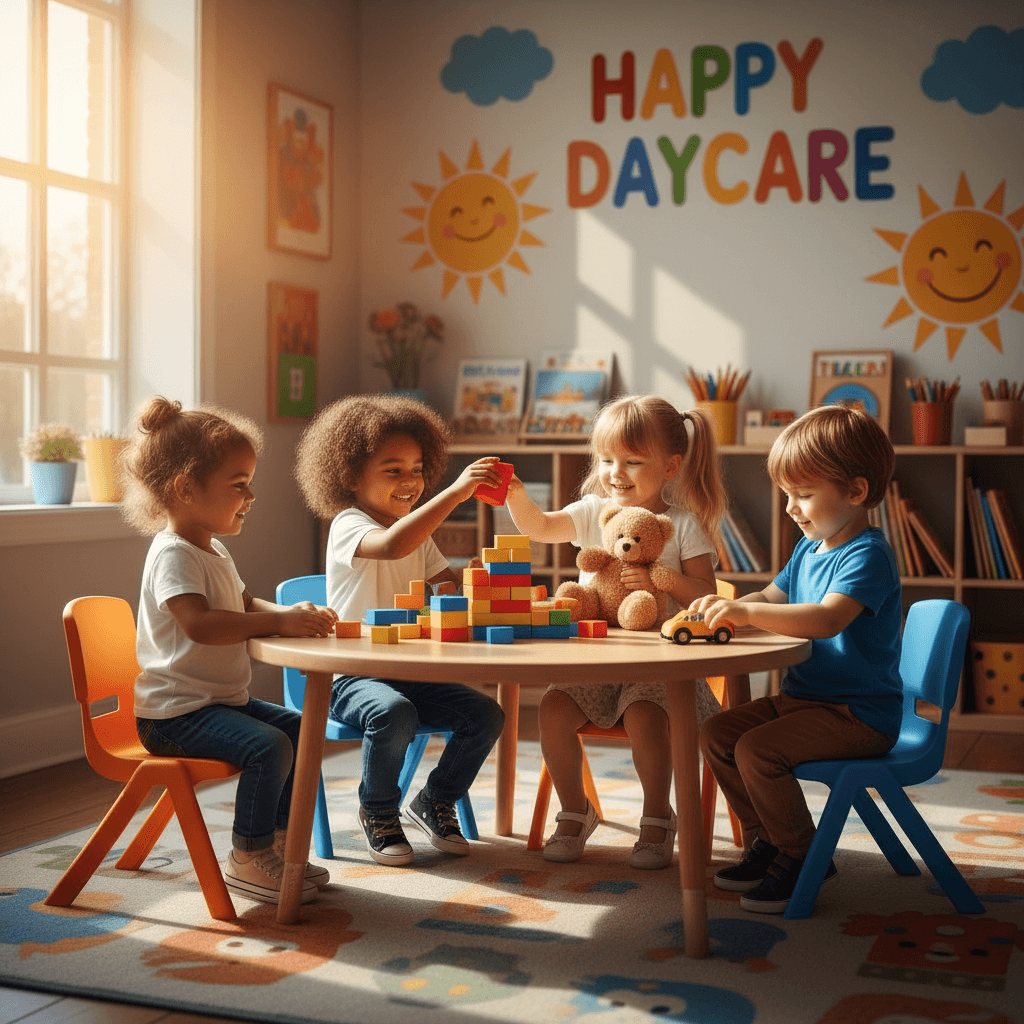Young children sitting together at a small table sharing toys in a sunny daycare