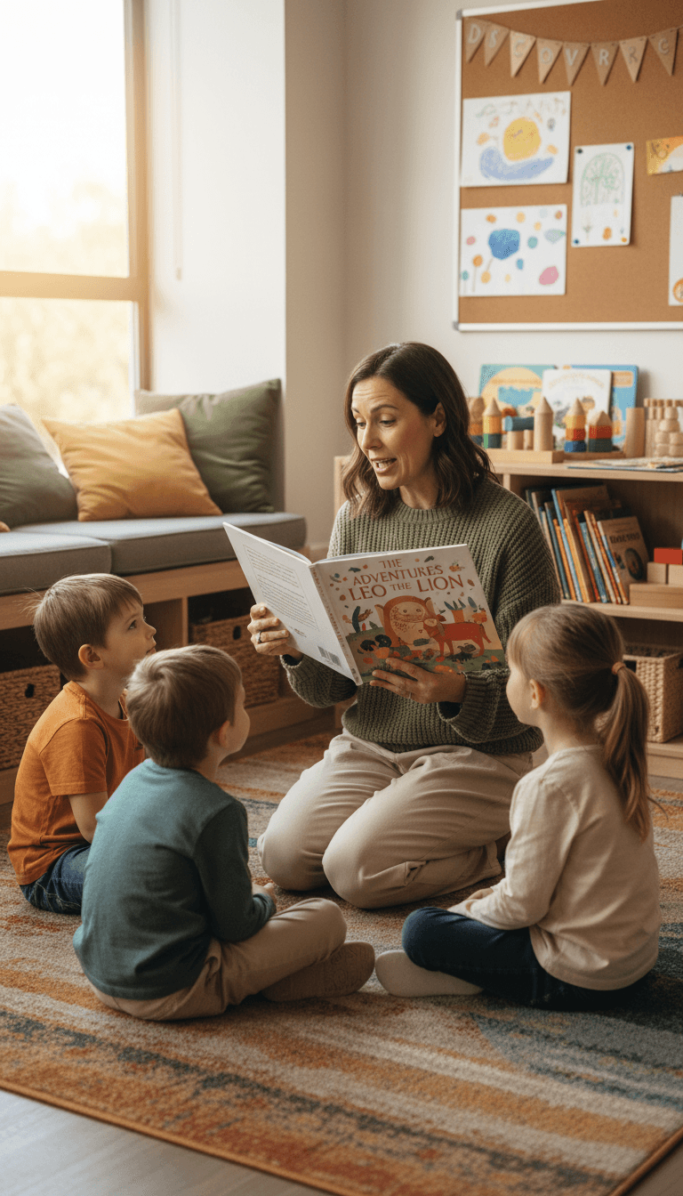 Teacher reading to children on a classroom rug