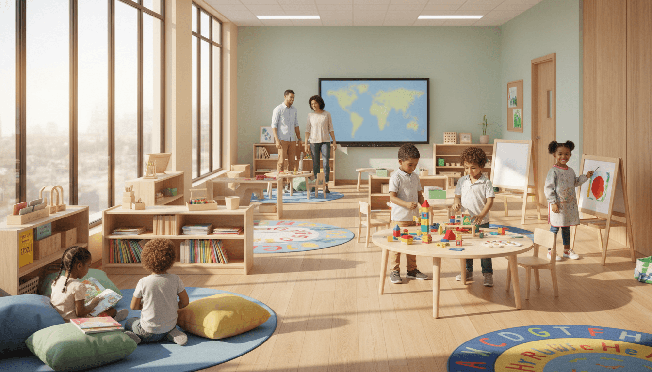 Bright classroom with low tables and colorful posters