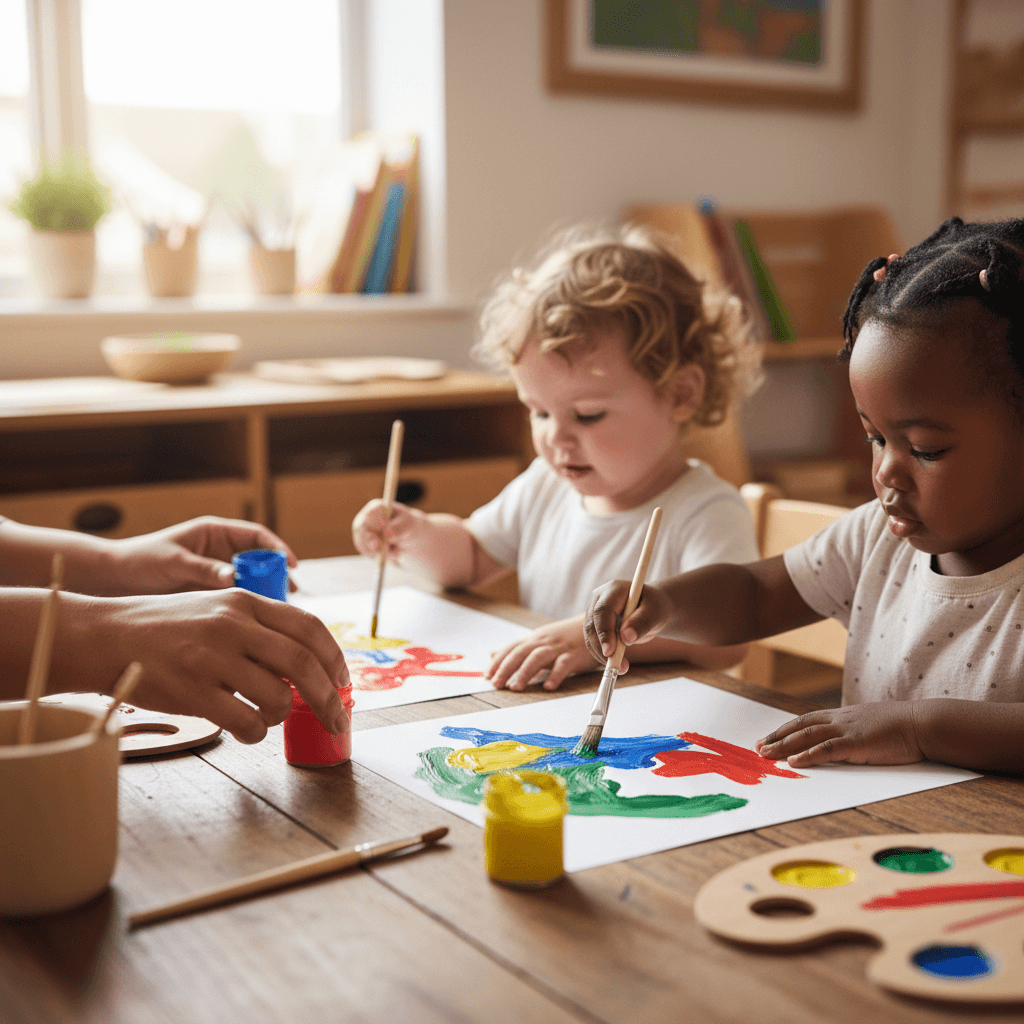 Preschoolers painting at an art table with their teacher in a bright classroom