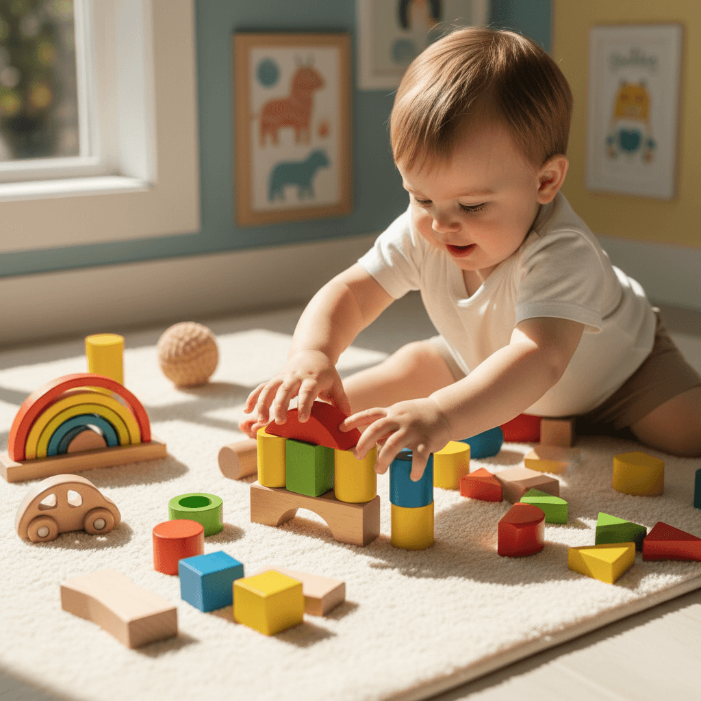 Toddler stacking blocks in the play area