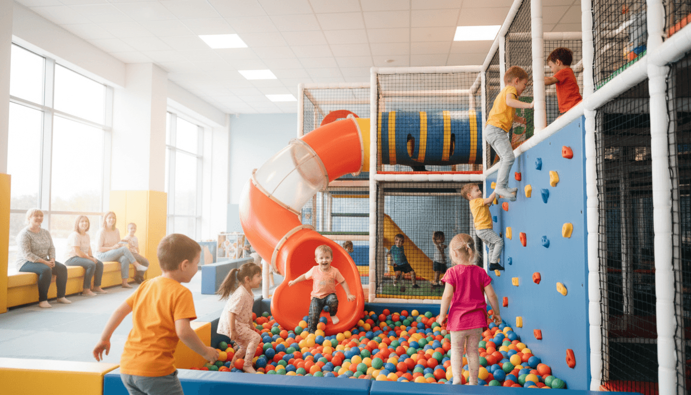 Children playing outside in a daycare playground with a slide and friends