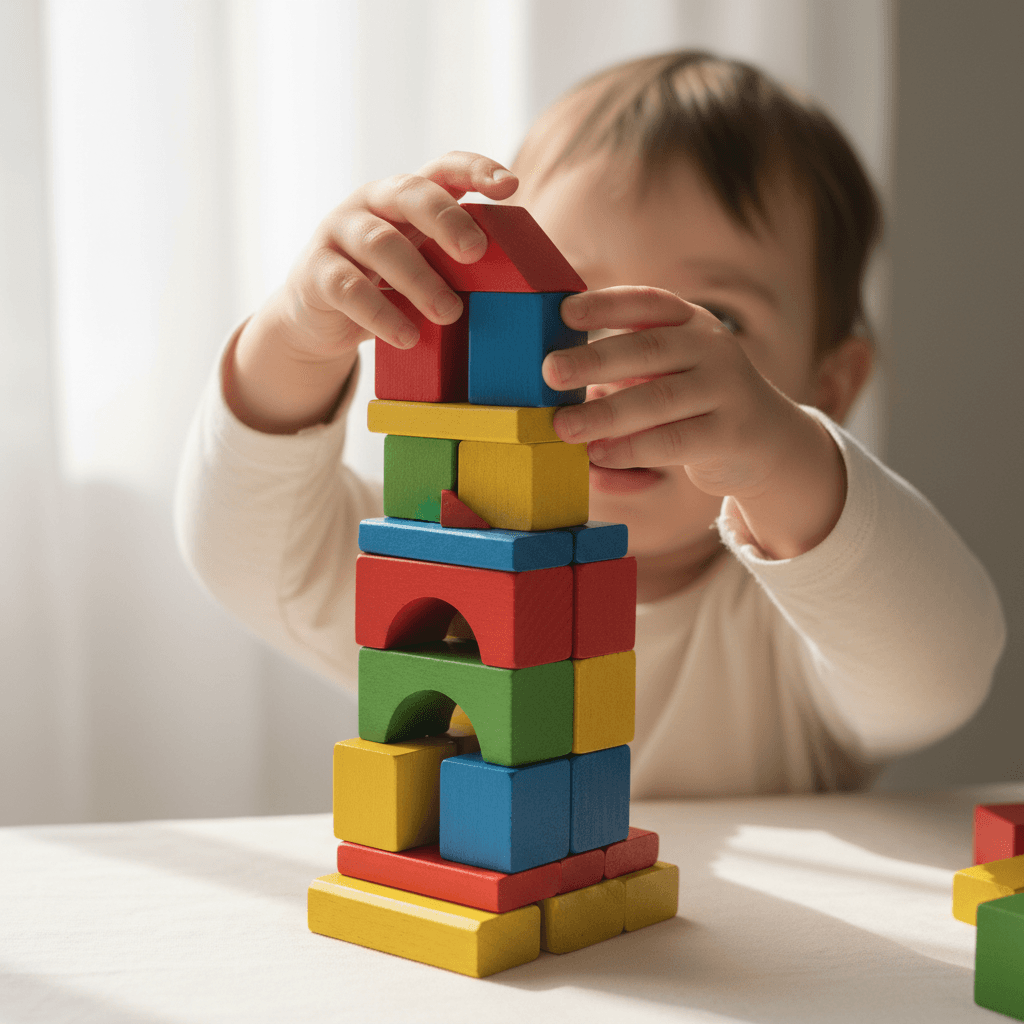 A smiling toddler playing with colorful blocks in a bright, cozy daycare room