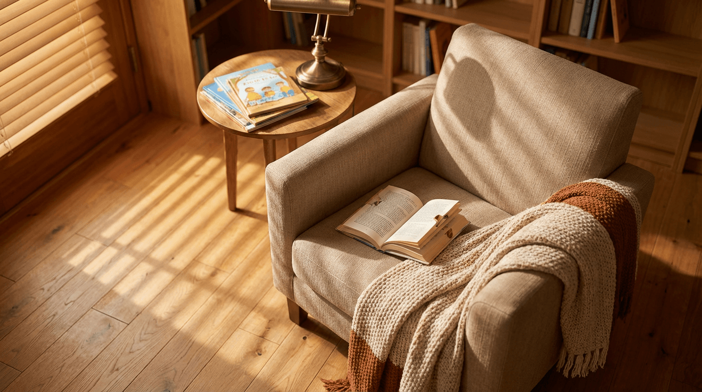 Cozy reading corner with cushions and books