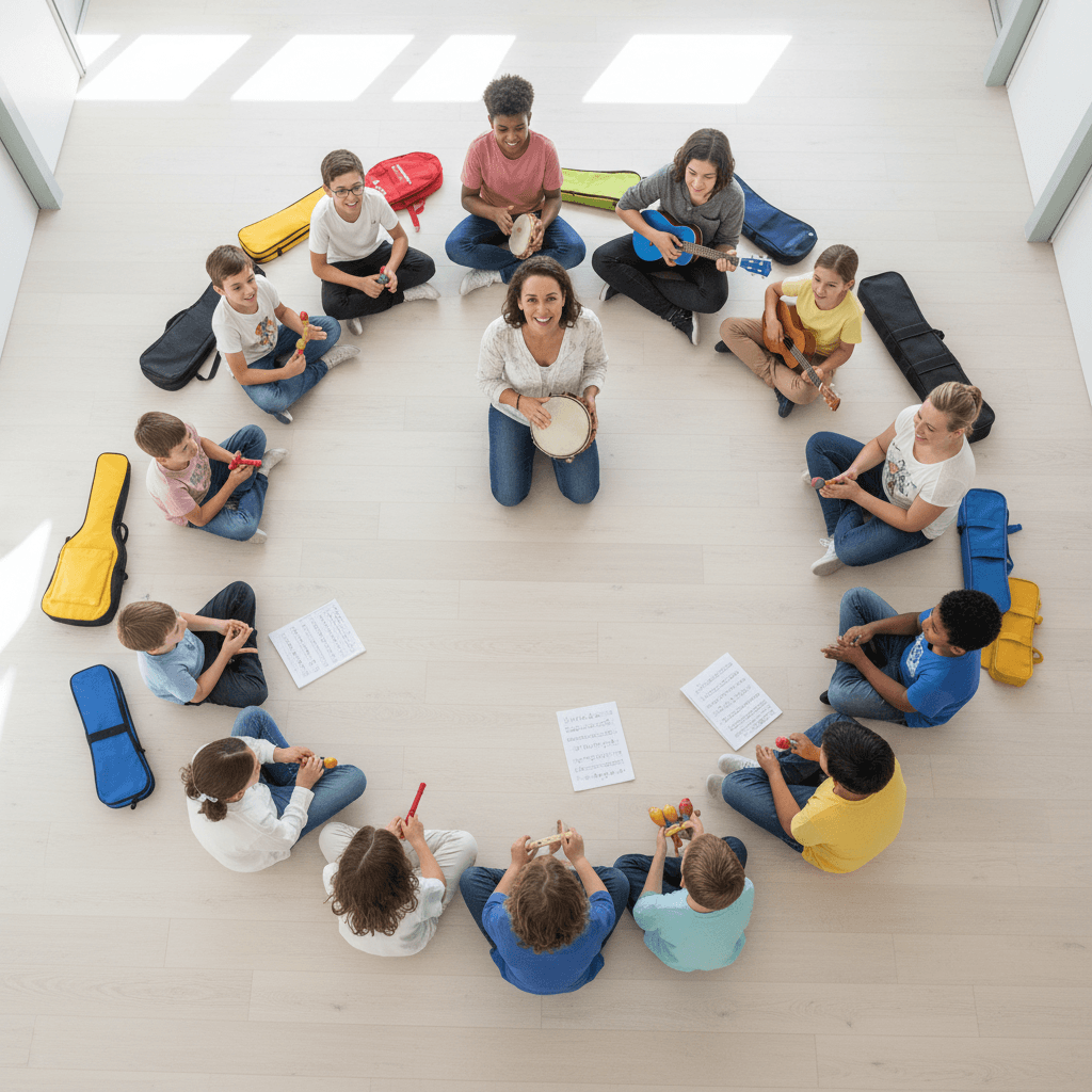 Children singing in a circle with their teacher