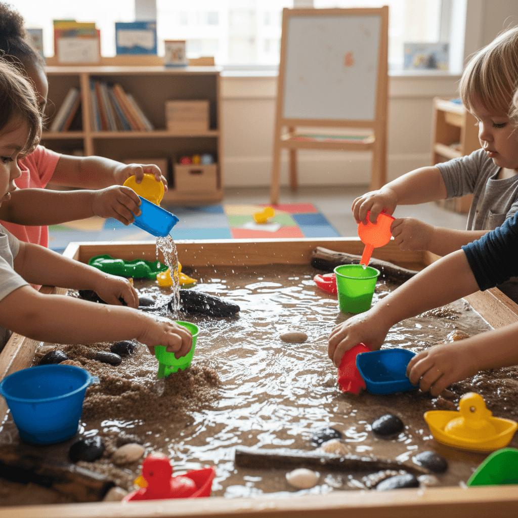 Child playing with sensory toys and textured materials at a daycare table