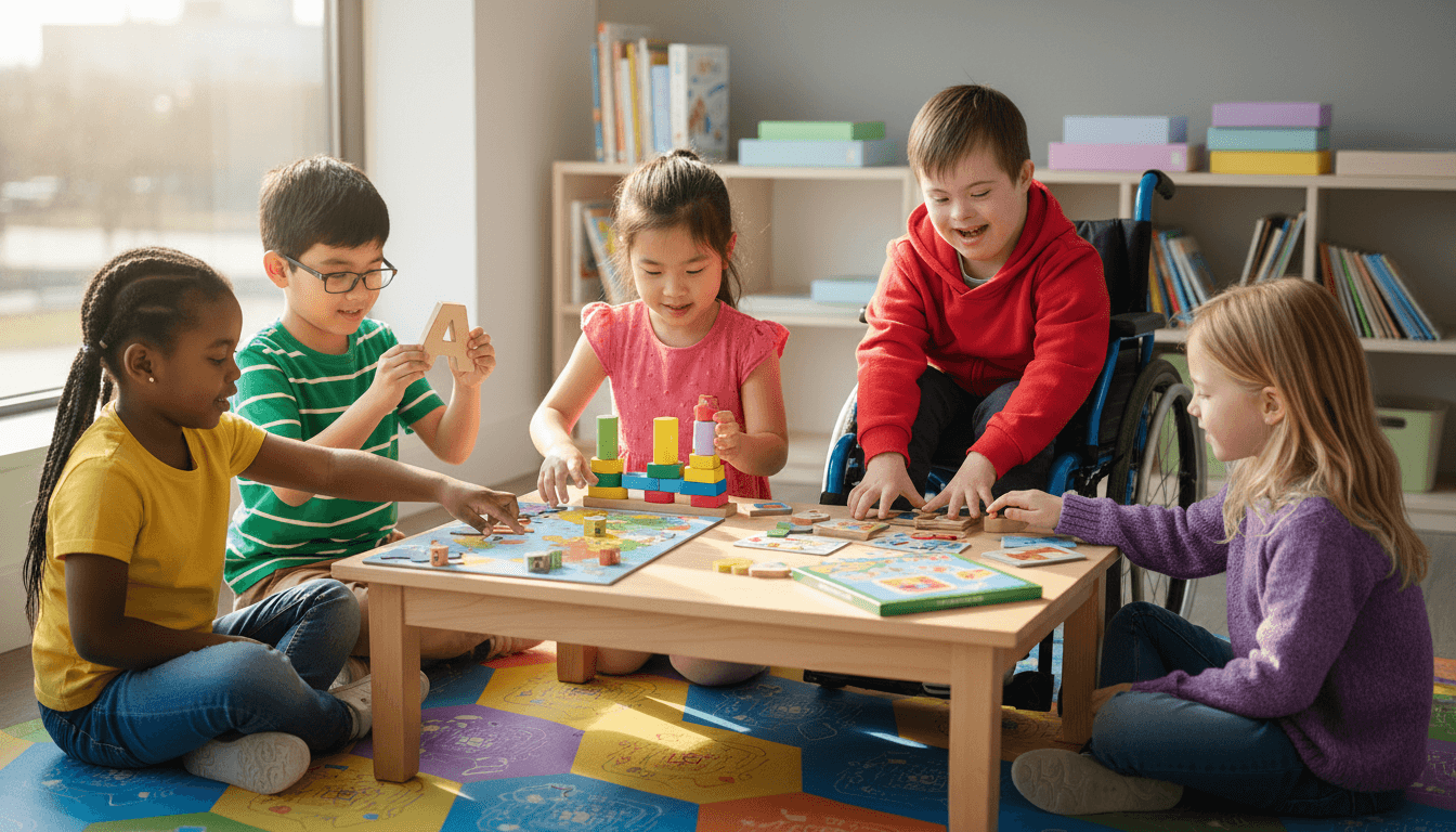 Children playing with colorful toys in a bright daycare room