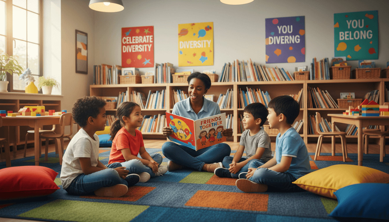 Caregiver reading a storybook to young children sitting in a circle in a cozy daycare
