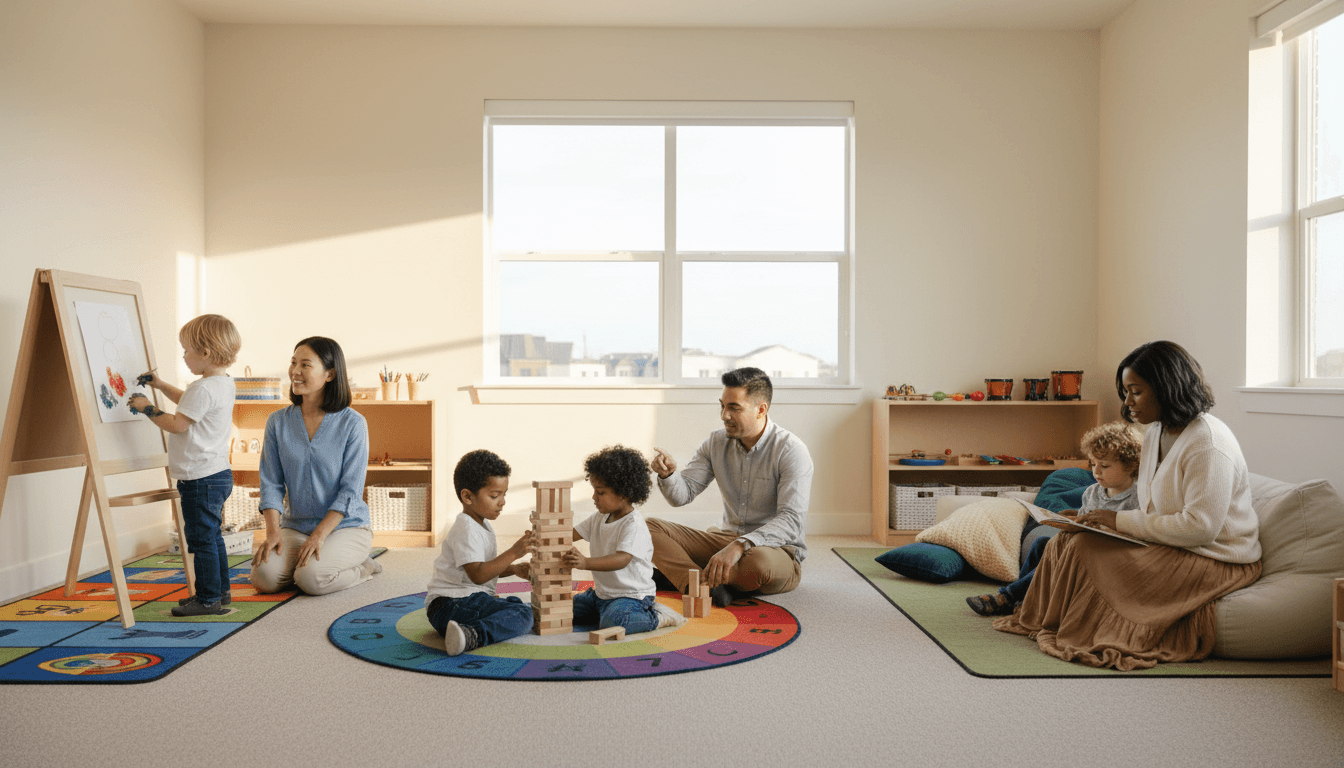 Children playing with colorful toys in a bright daycare room