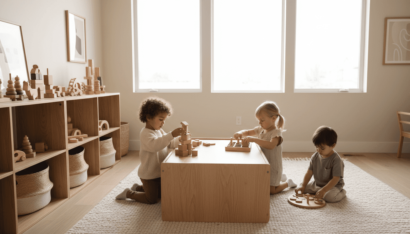 Bright daycare playroom with children playing with wooden toys on a soft mat